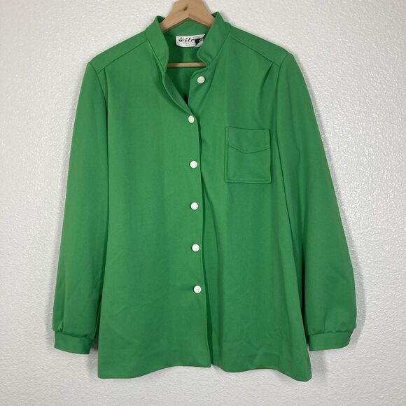 Vintage Wilroy Traveller Shirt Womens 18 Green Mandarin Collar Tunic USA 70s - Picture 1 of 16